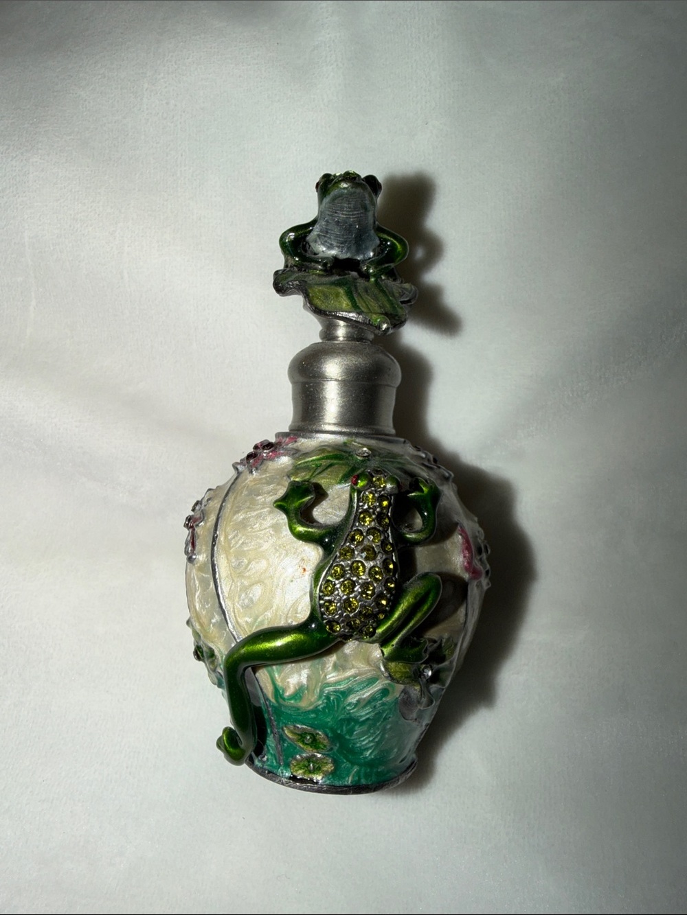 Vtg Ciel 2004 Swarovski Crystal Enameled Frog Perfume Bottle